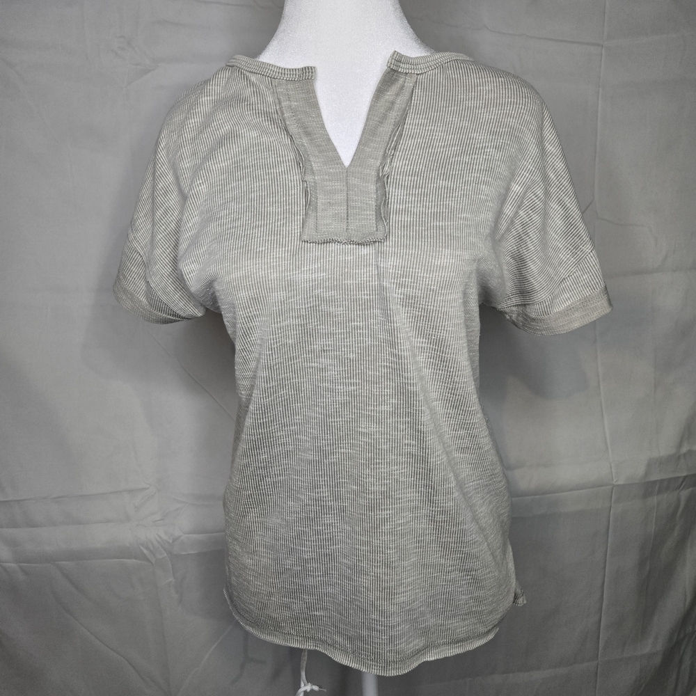 Small Casual Chic Beige Grey Short Sleeve Ribbed Distressed Boho Casual Relaxed